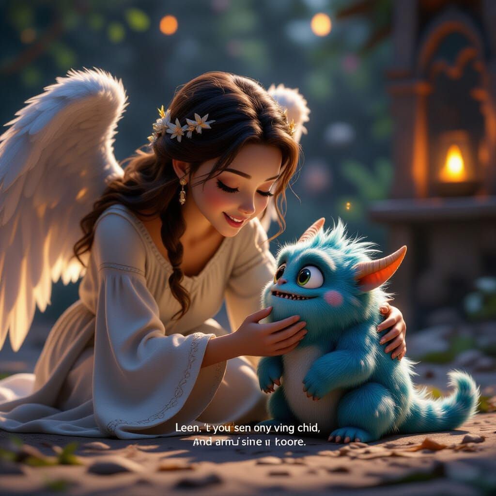 Angelic Mother and Monster Child Play in 3D Cinematic Scene