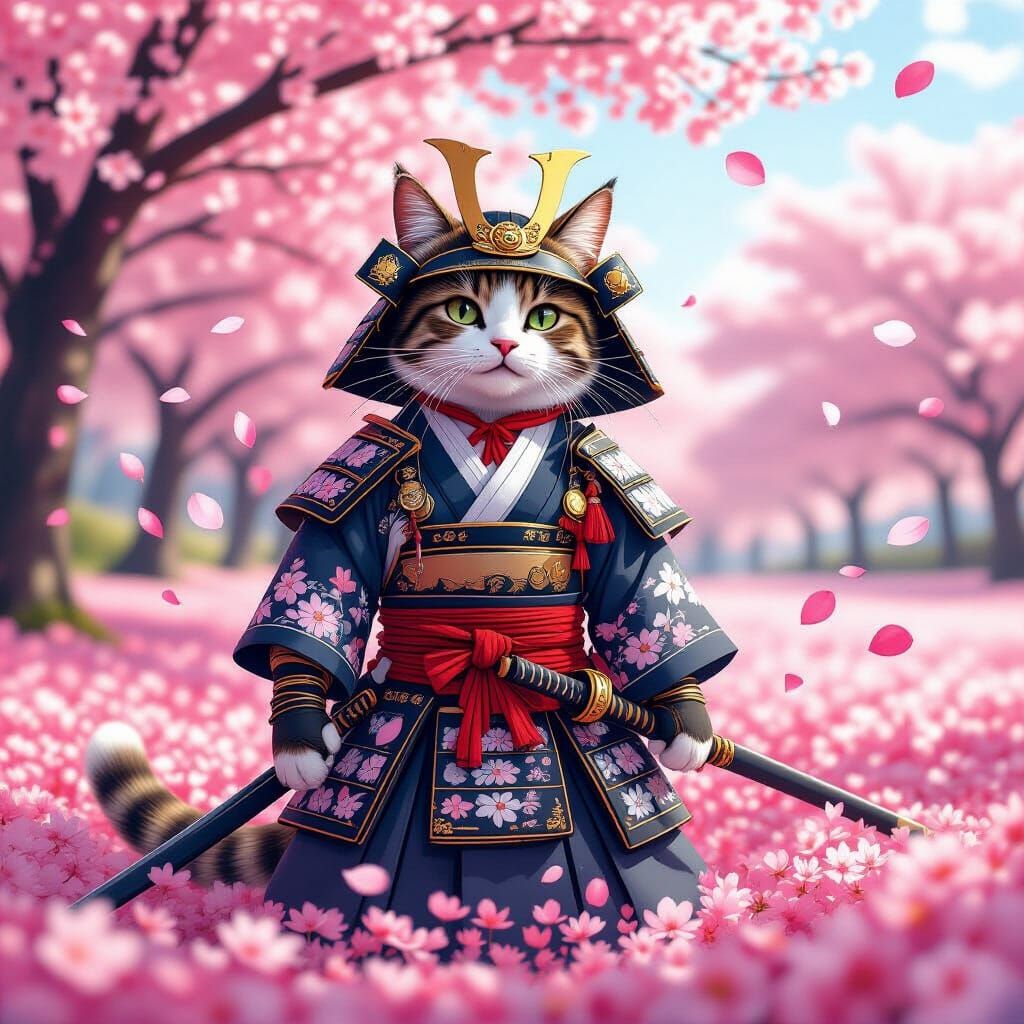 Samurai Cat in Cherry Blossom Field