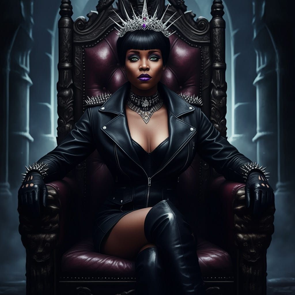 Modern Evil Queen on Leather Throne in Chiaroscuro