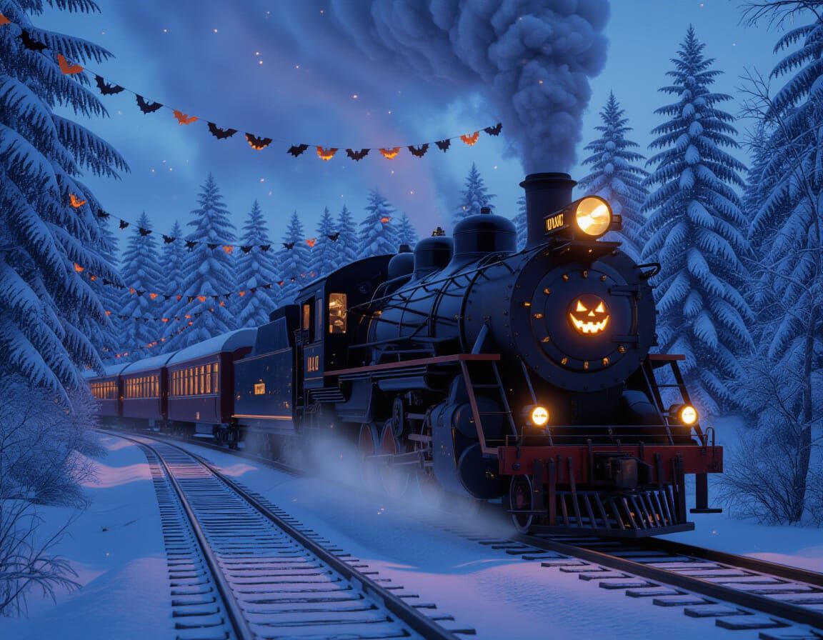 Halloween Steam Train in Snowy Winter Night