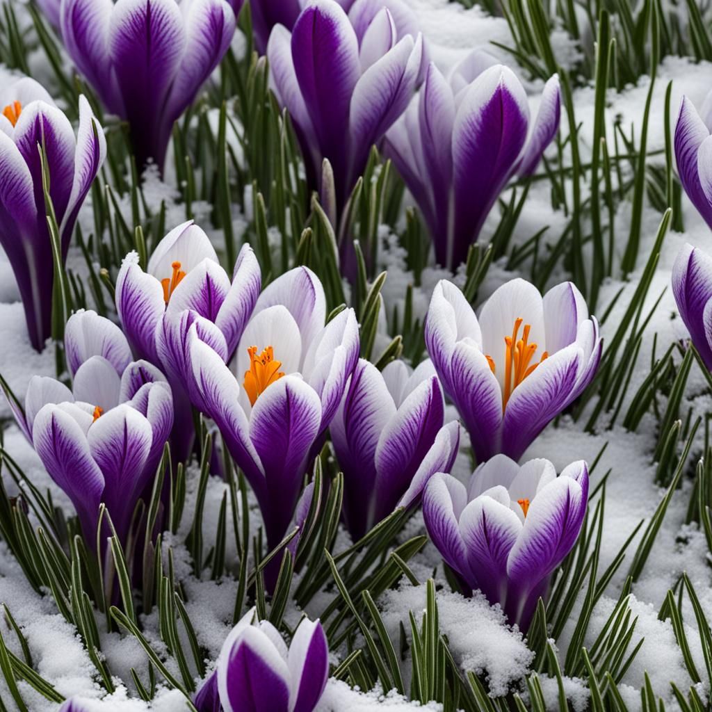 Crocus Blooming Through Snow Macro Photograph