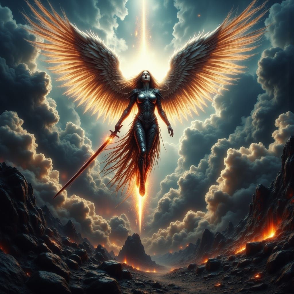 Ethereal Cyber Angel Descends with Fiery Wings