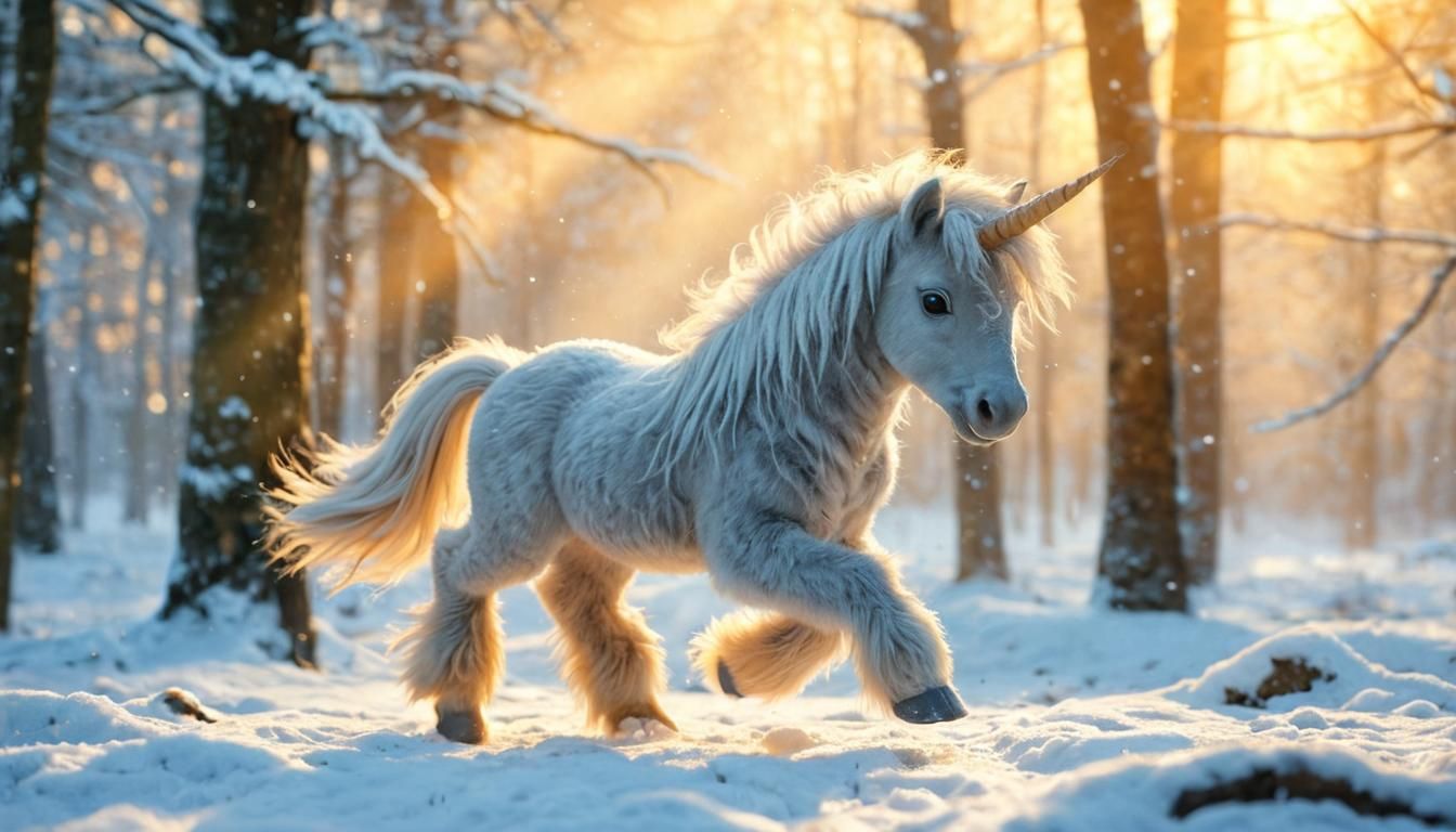 Winter Unicorn in Chibi Style Galloping Through a Snowy Fore...