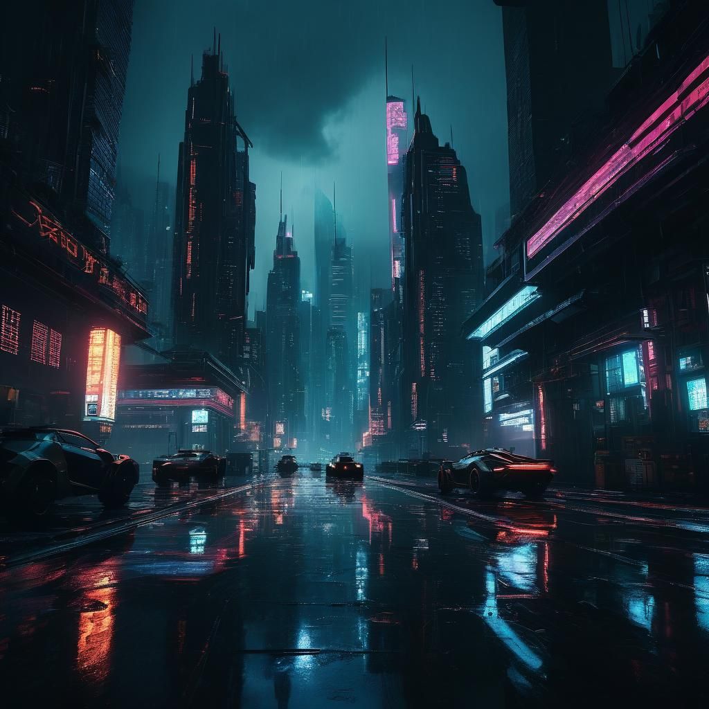 Cyberpunk Cityscape with Flying Cars and Neon Lights
