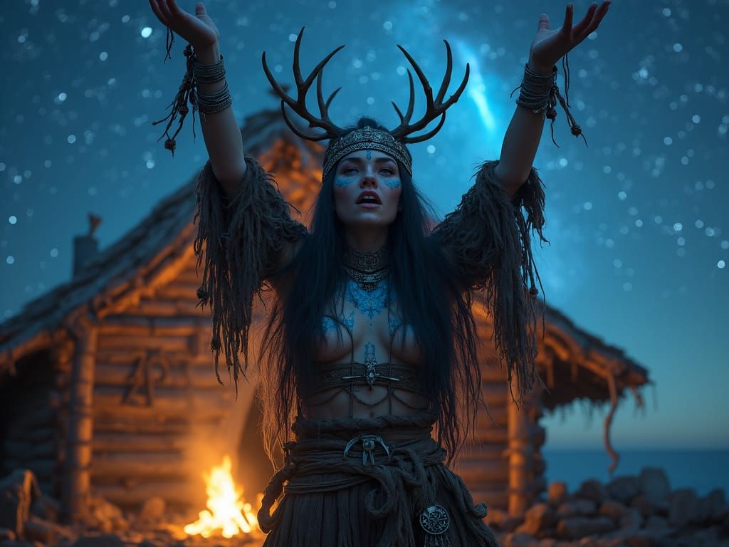 Viking Shaman Chanting Under Night Sky