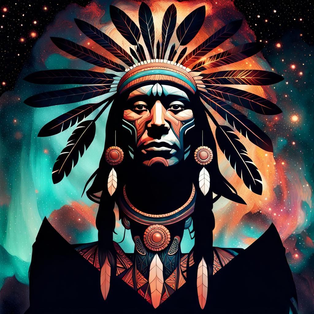 Epic Native American Galaxy Warrior: Digital Illustration