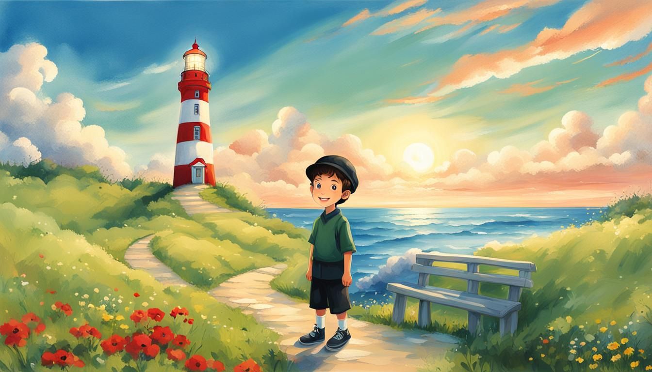 Cheerful Young Jewish Boy in Vibrant Coastal Landscape