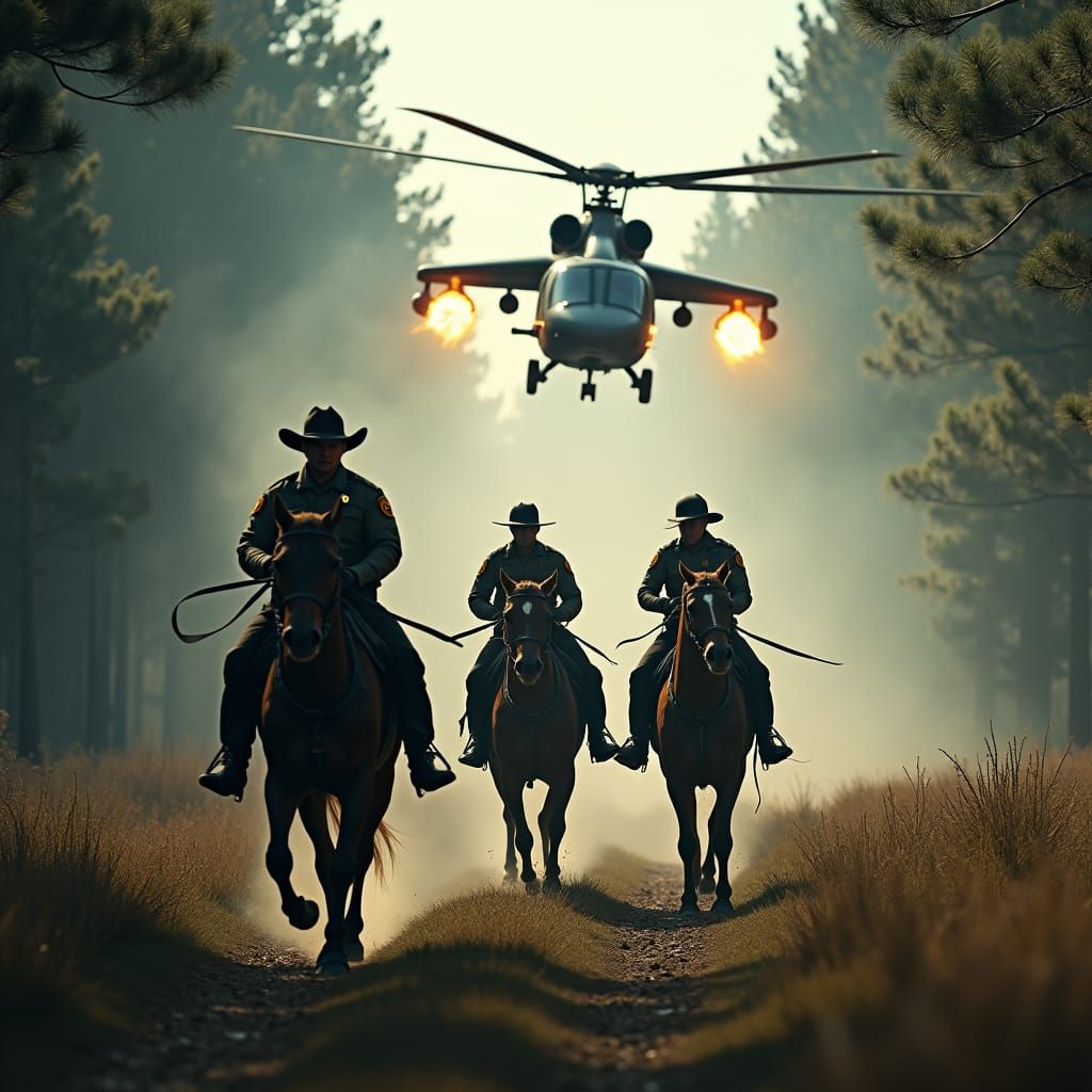 Sheriff Deputies Horseback Action in Misty Forest