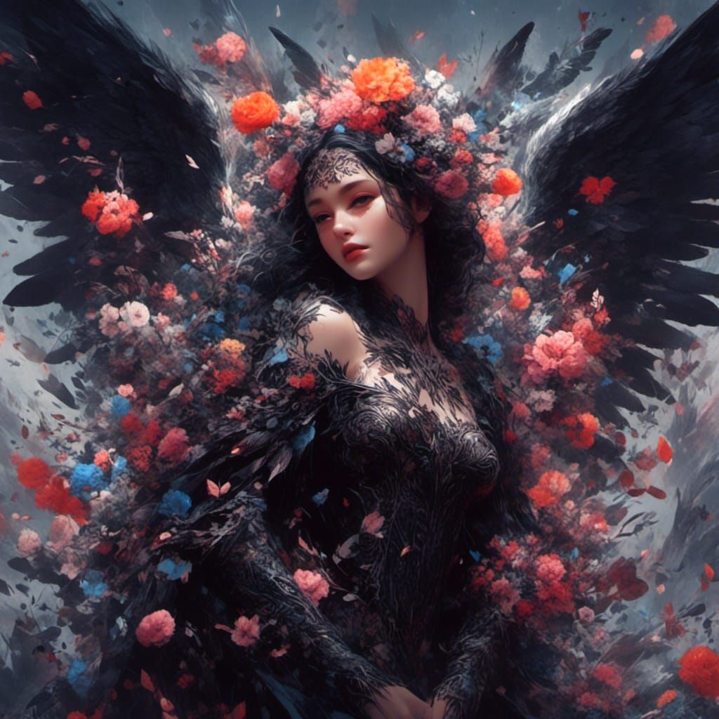 Dark Angel with Colorful Flowers in Fantasy Art
