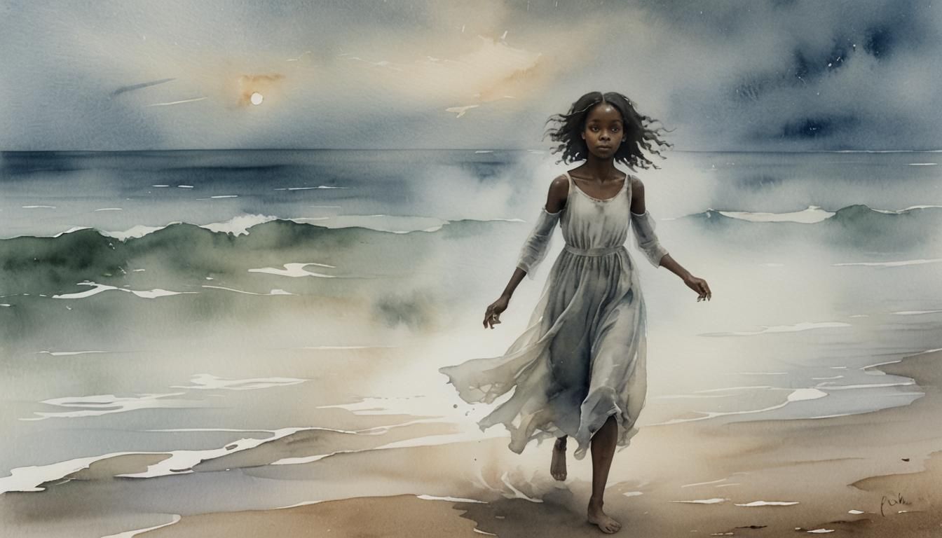 Ghostly Girl Drifting: Haunting Watercolor Portrait