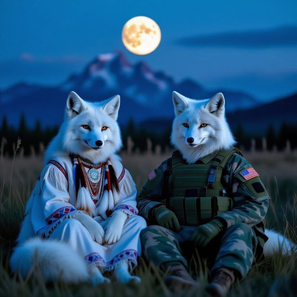 Foxes in Native American and Military Attire Under Full Moon