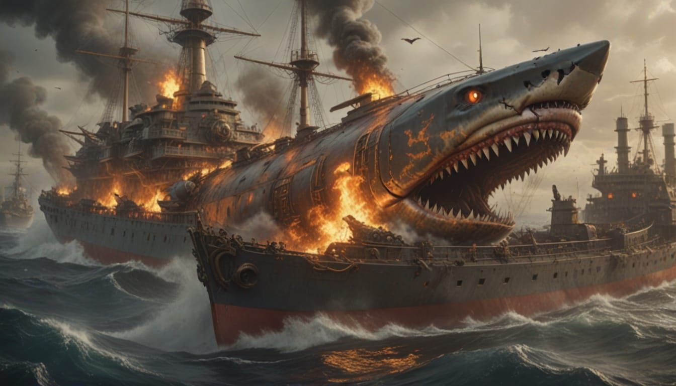 Steampunk Shark Battleship Rams Enemy Ship in Dramatic Seas
