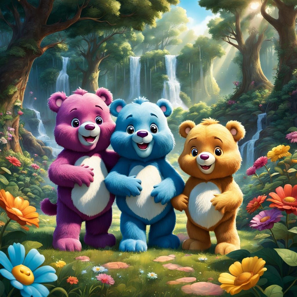 Whimsical Care Bears in Lush Forest Landscape