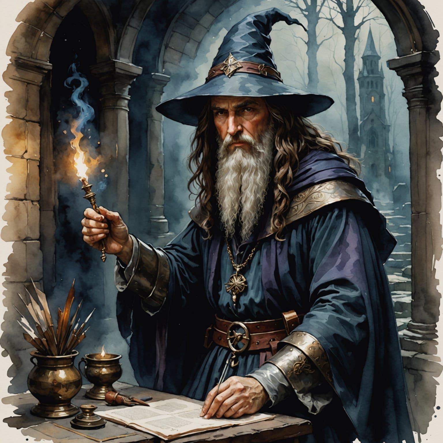 Wizard Casting Flame in Chiaroscuro Watercolor