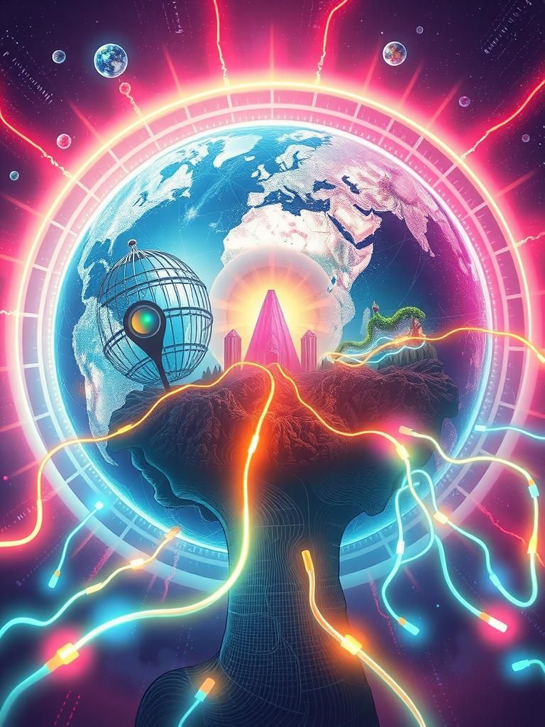 Cyberpunk Worlds United by Glowing Internet Cables