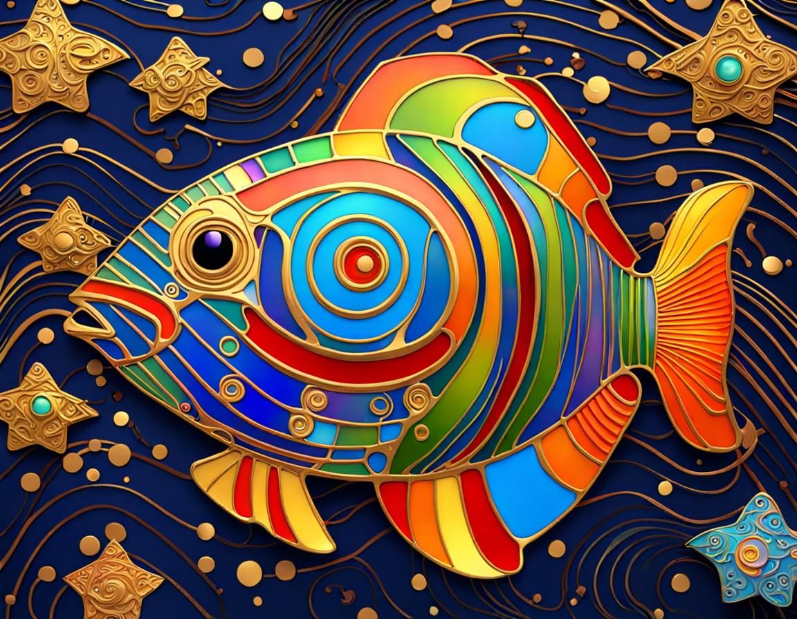 Klimt Style Rainbow Fish in Art Nouveau