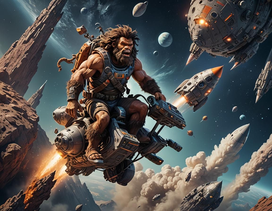 Caveman Rides Rocket Ship in Space