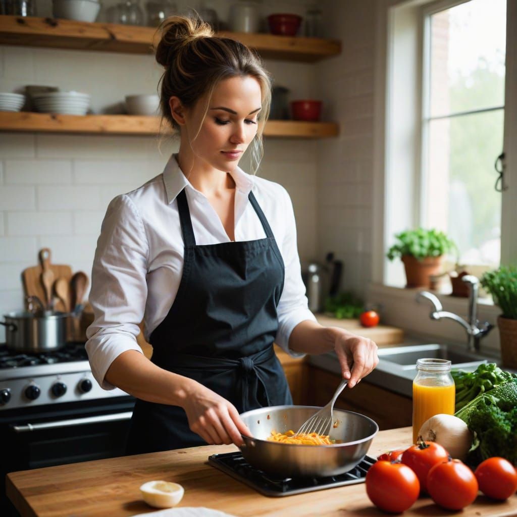Enticing Woman in Cooking Scene
