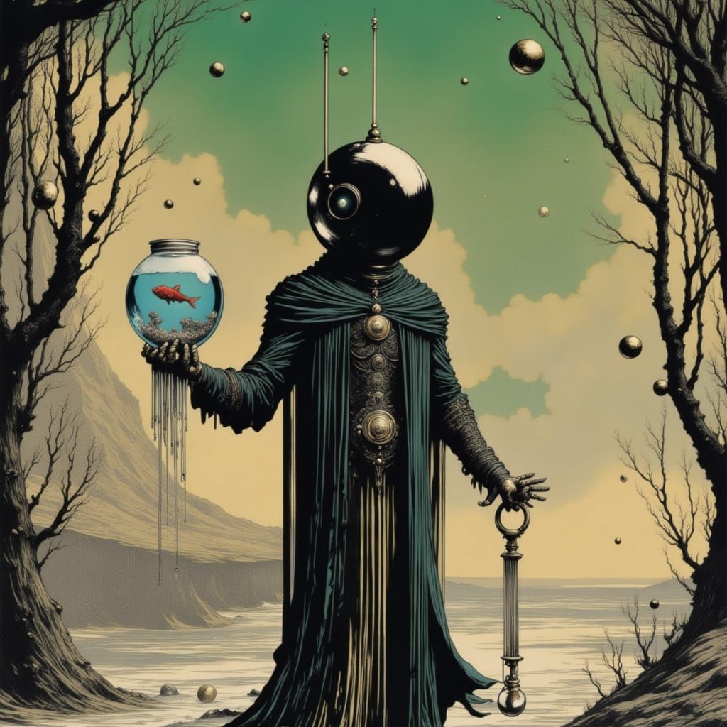 Cute Robot Holding a Fishbowl in Durer Tarot Style