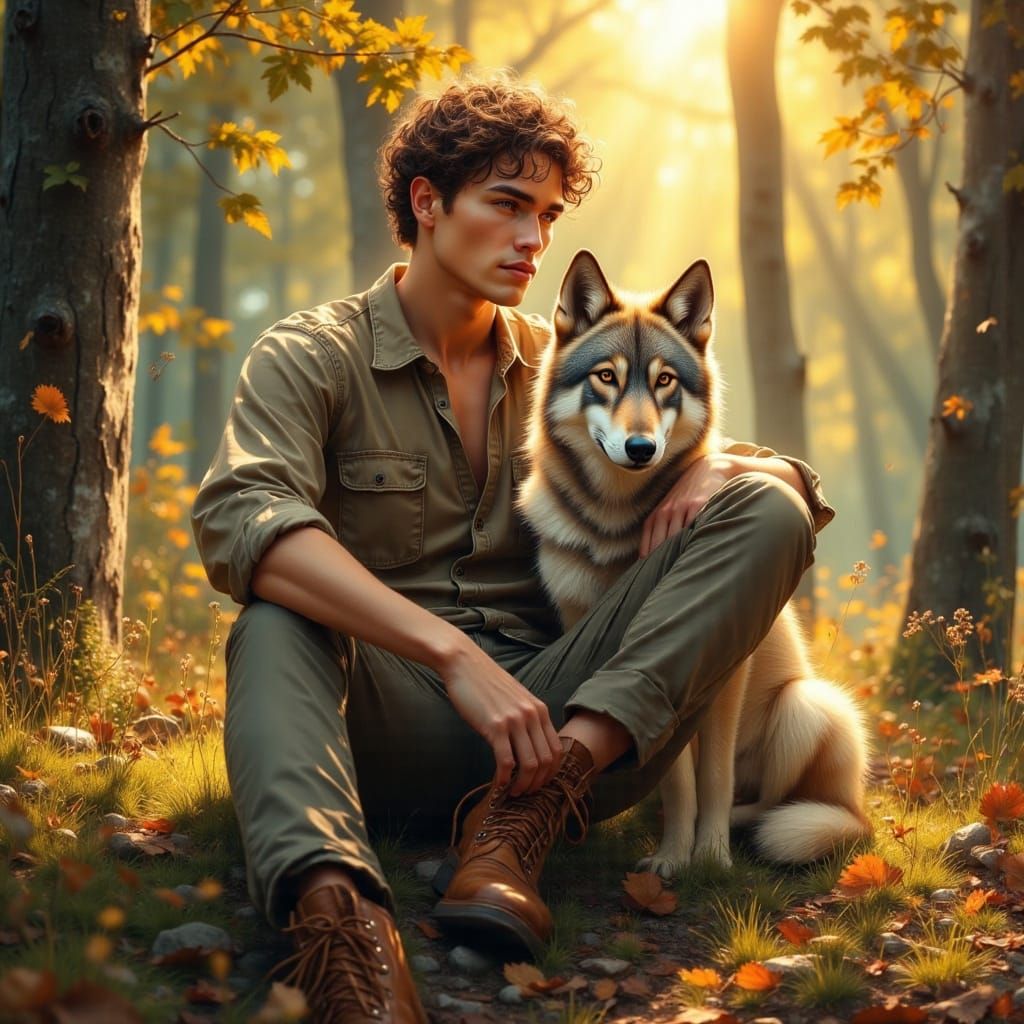 Man and Wolf Companion in Forest Glade