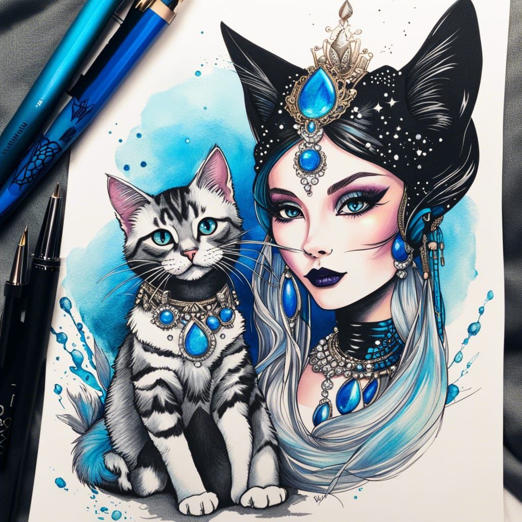 Majestic Queen of Cats Pen Sketch Illustration