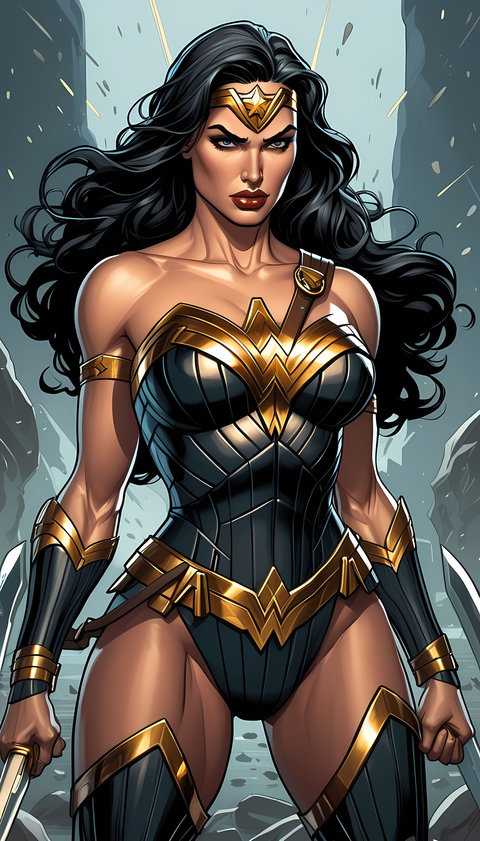 Voluptuous Warrior in Onyx Black Armor with Liquid Gold Acce...