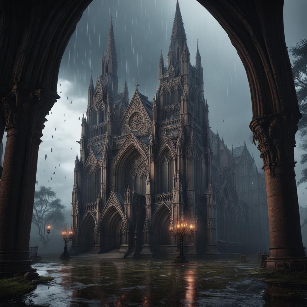 Gothic Cathedral on Rainy Day: Matte Painting