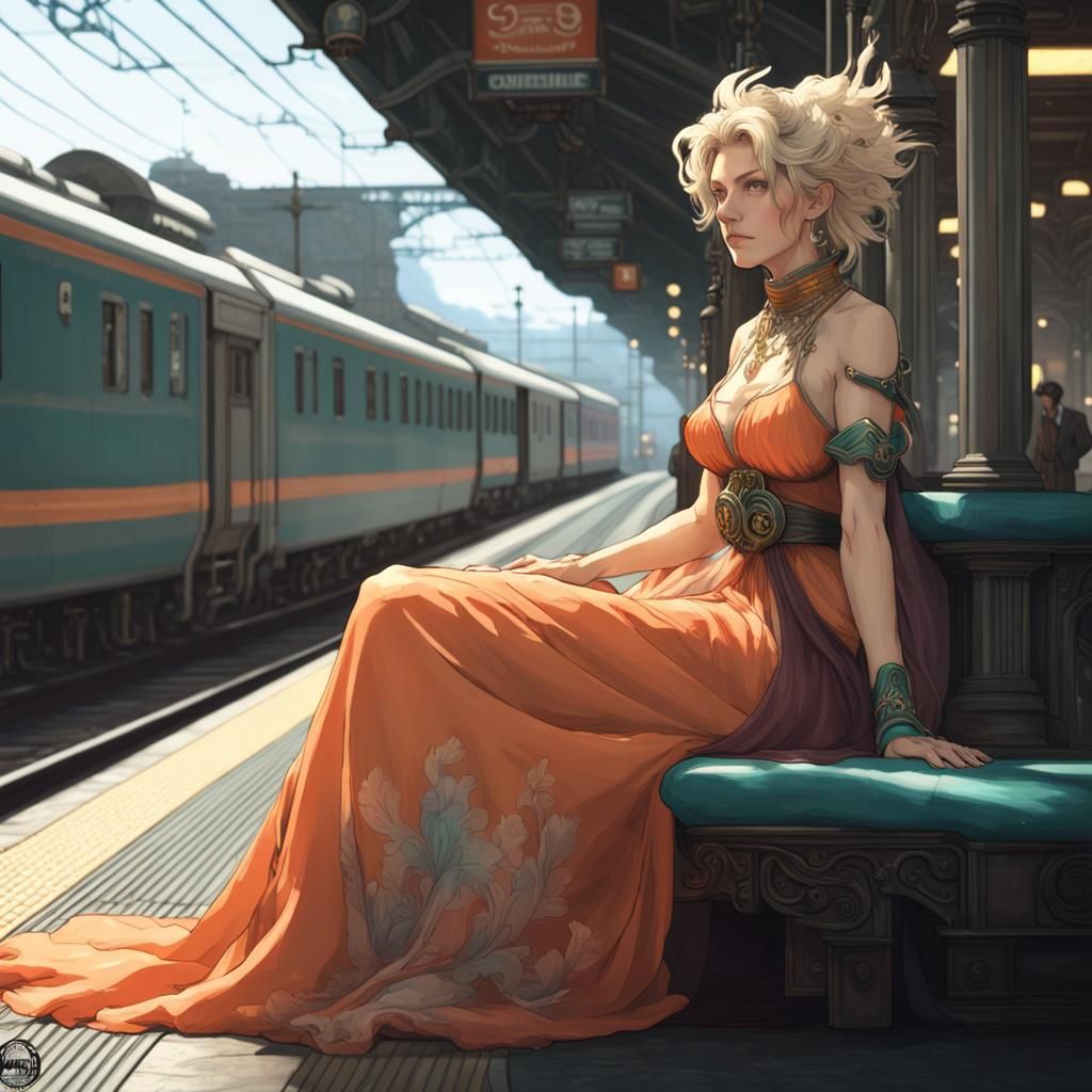 Celes at the Train Station: Art Nouveau Concept Art