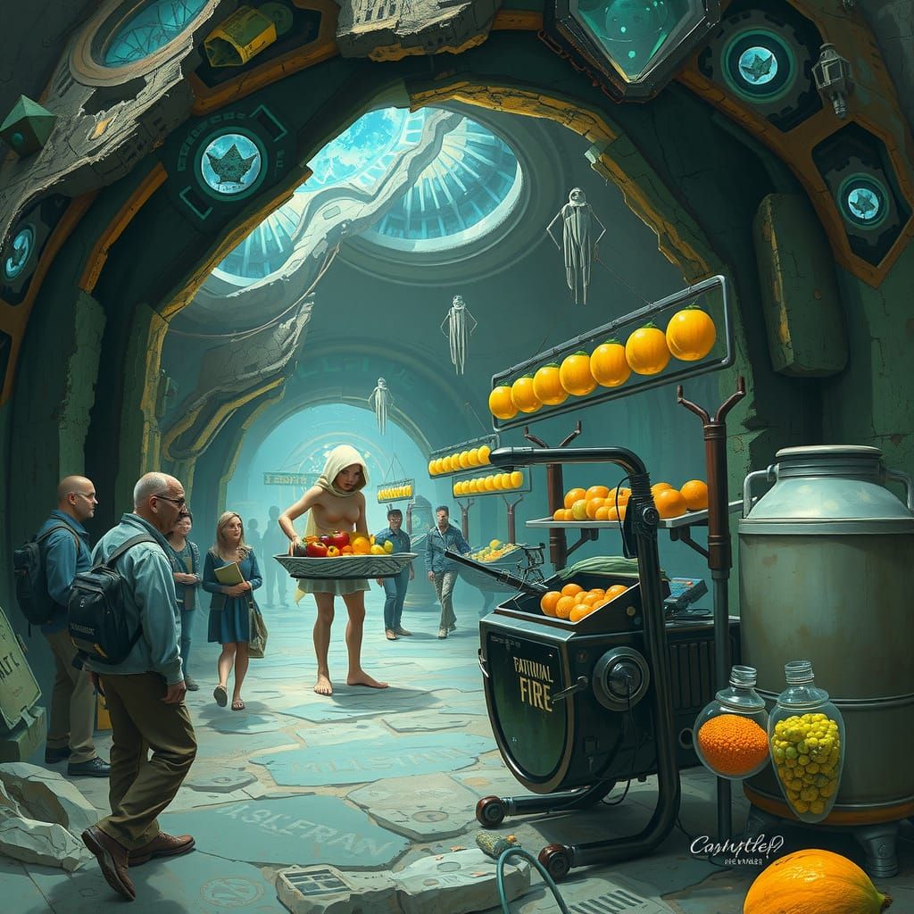 Bustling Asteroid Marketplace with Bioluminescent Crystals