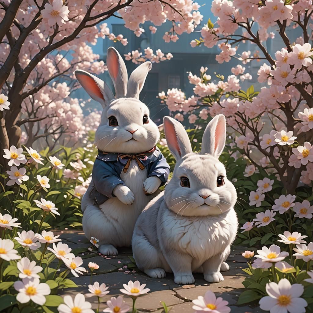 Cute Rabbits with Blossoms in 3D Anime Style