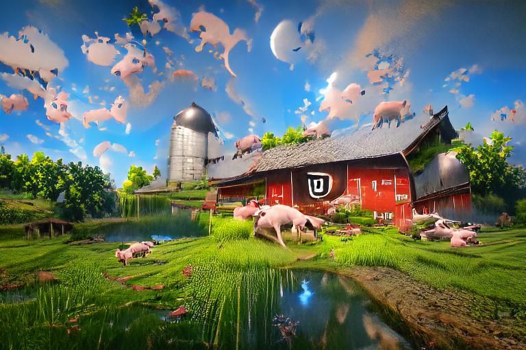 Peaceful Farm Scene with Cows and Pigs
