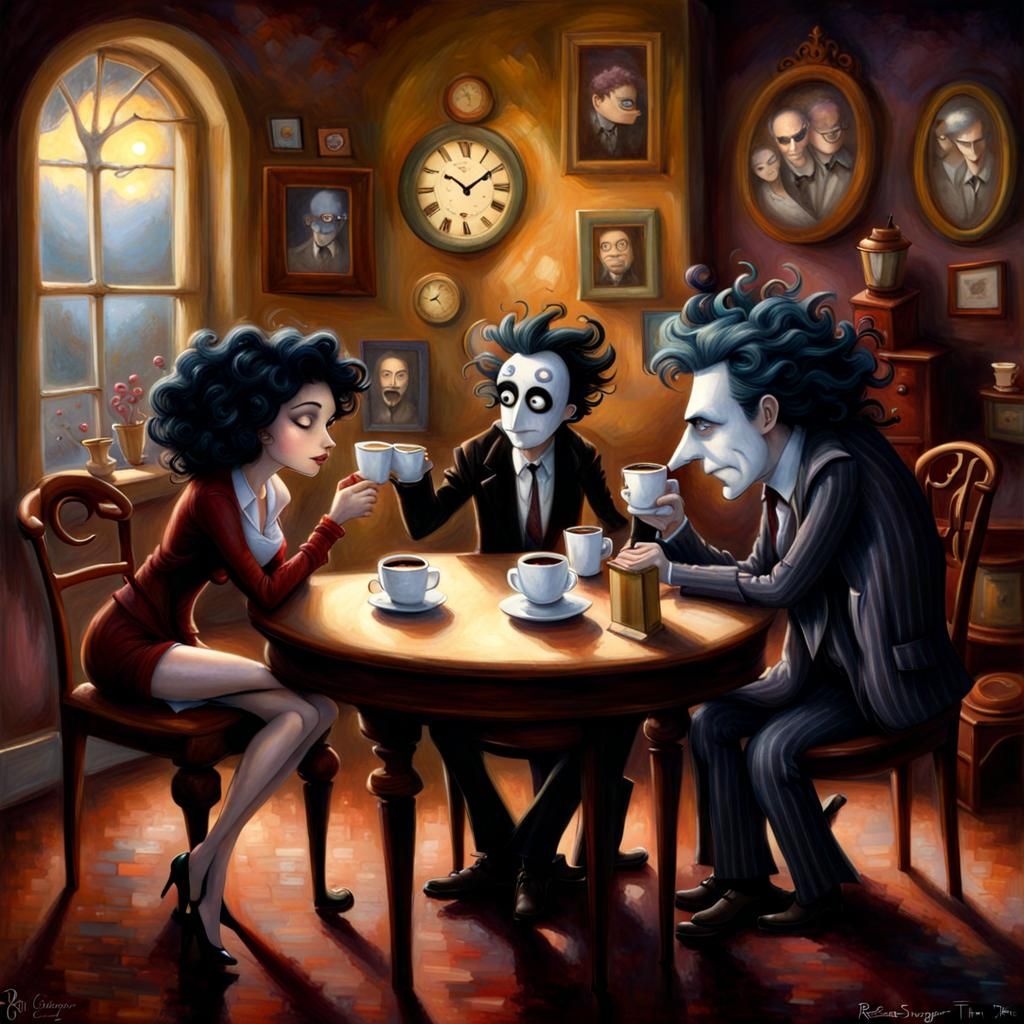 Whimsical Coffee Time Scene in Mixed Styles