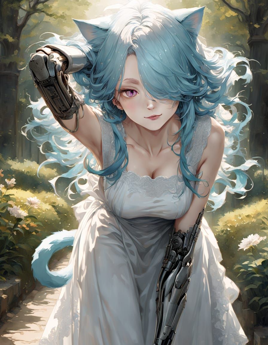 Impressionist Catgirl in a Whimsical Garden Scene