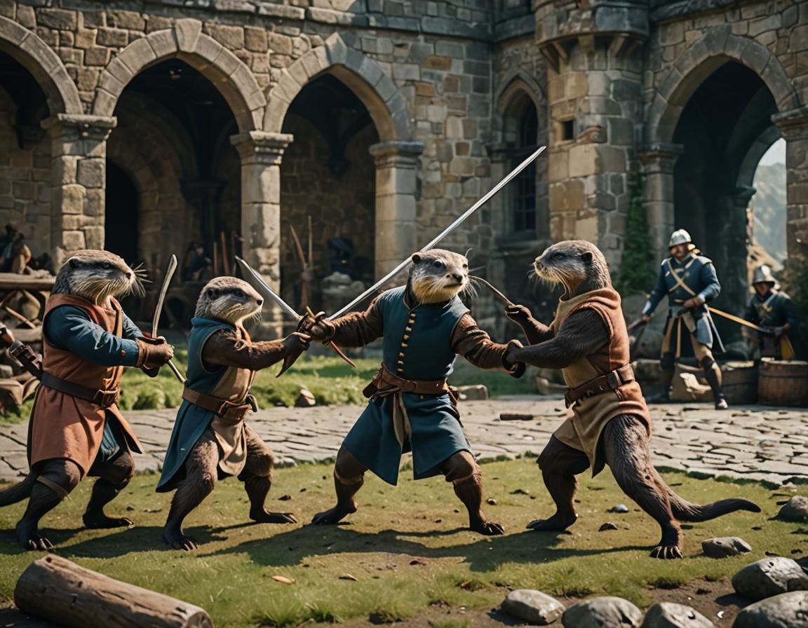 Otters Duel with Swords in Castle, Cinematic Lighting