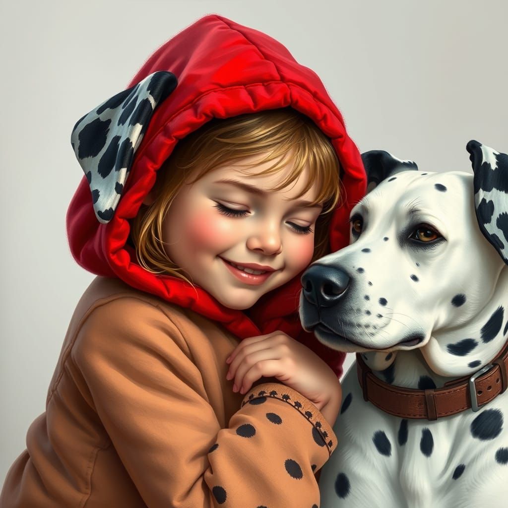 Little Girl Cuddles Dalmatian in Cozy Scene