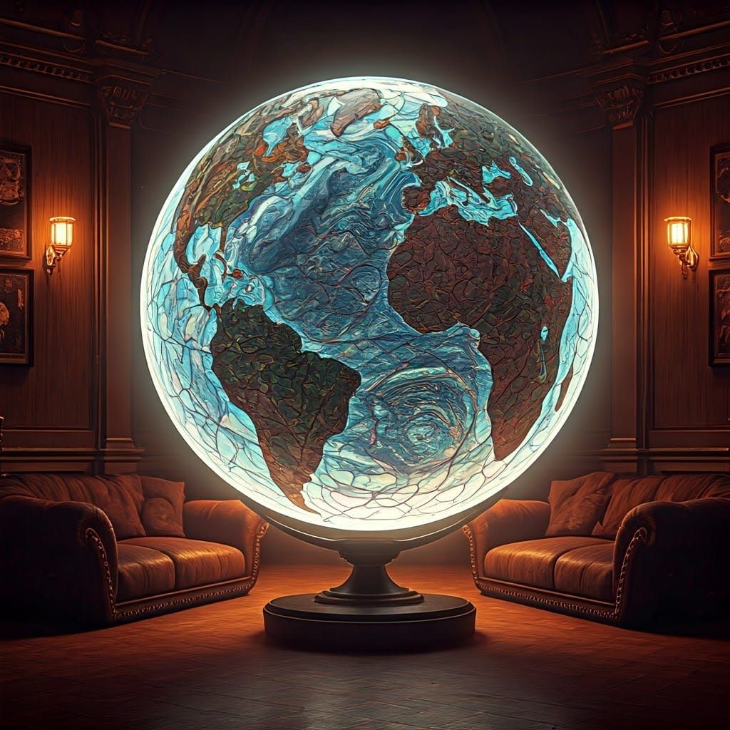 Glowing Stained Glass Earth Sculpture in Living Room