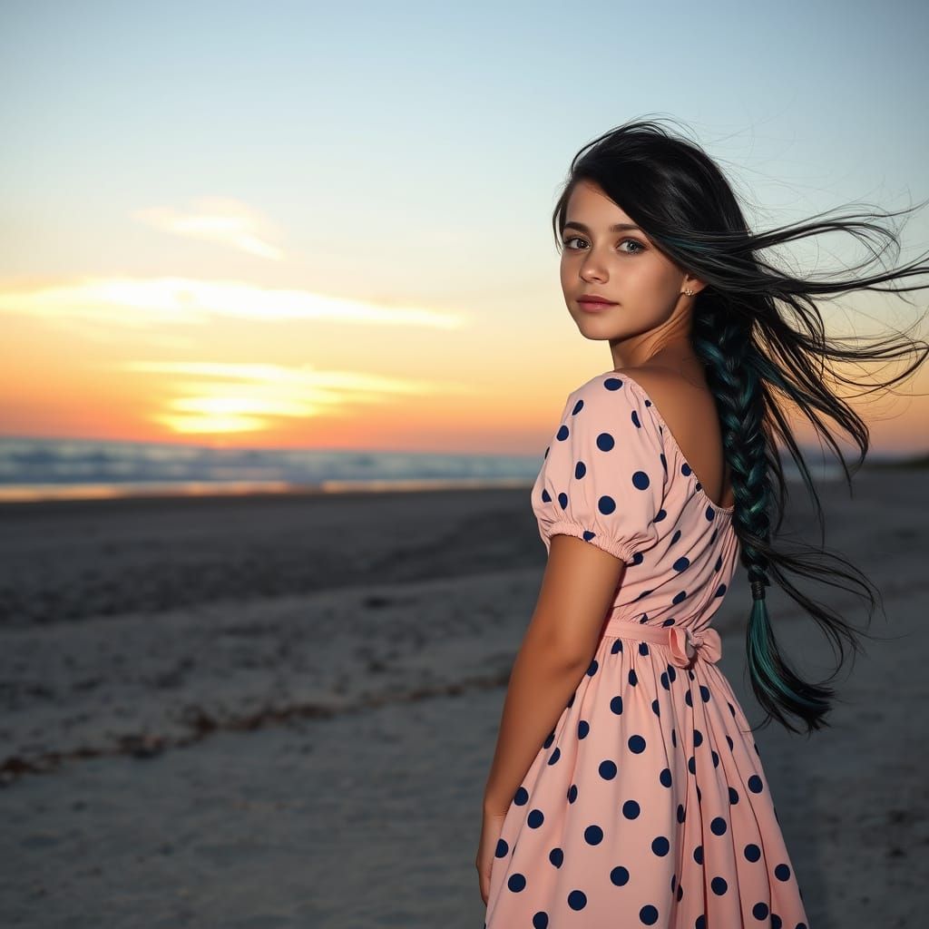 Girl in Pink Dress Watches Beach Sunset