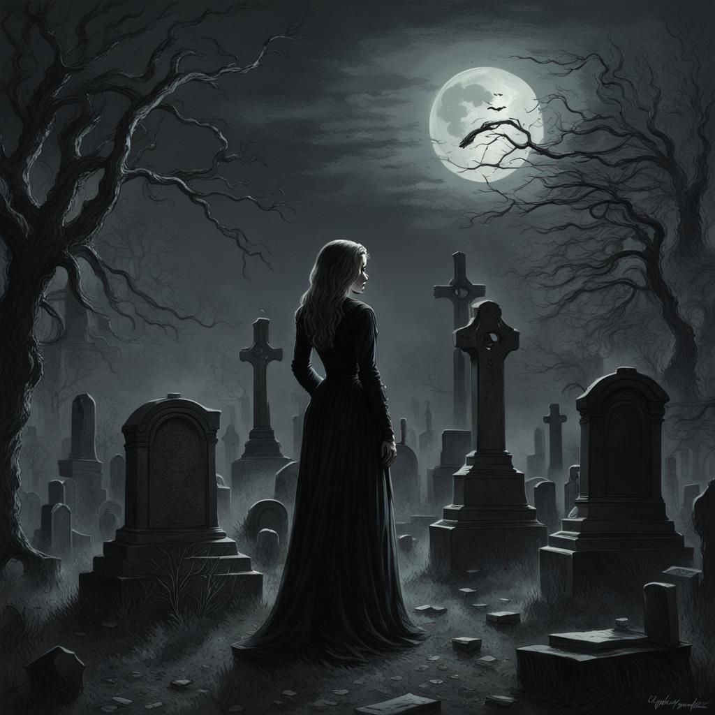 Sinister Woman in Graveyard Under Moonlight