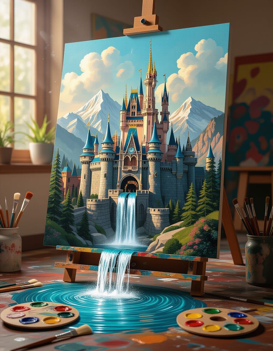 Surreal Castle Waterfall Spills From Canvas Onto Studio Floo...