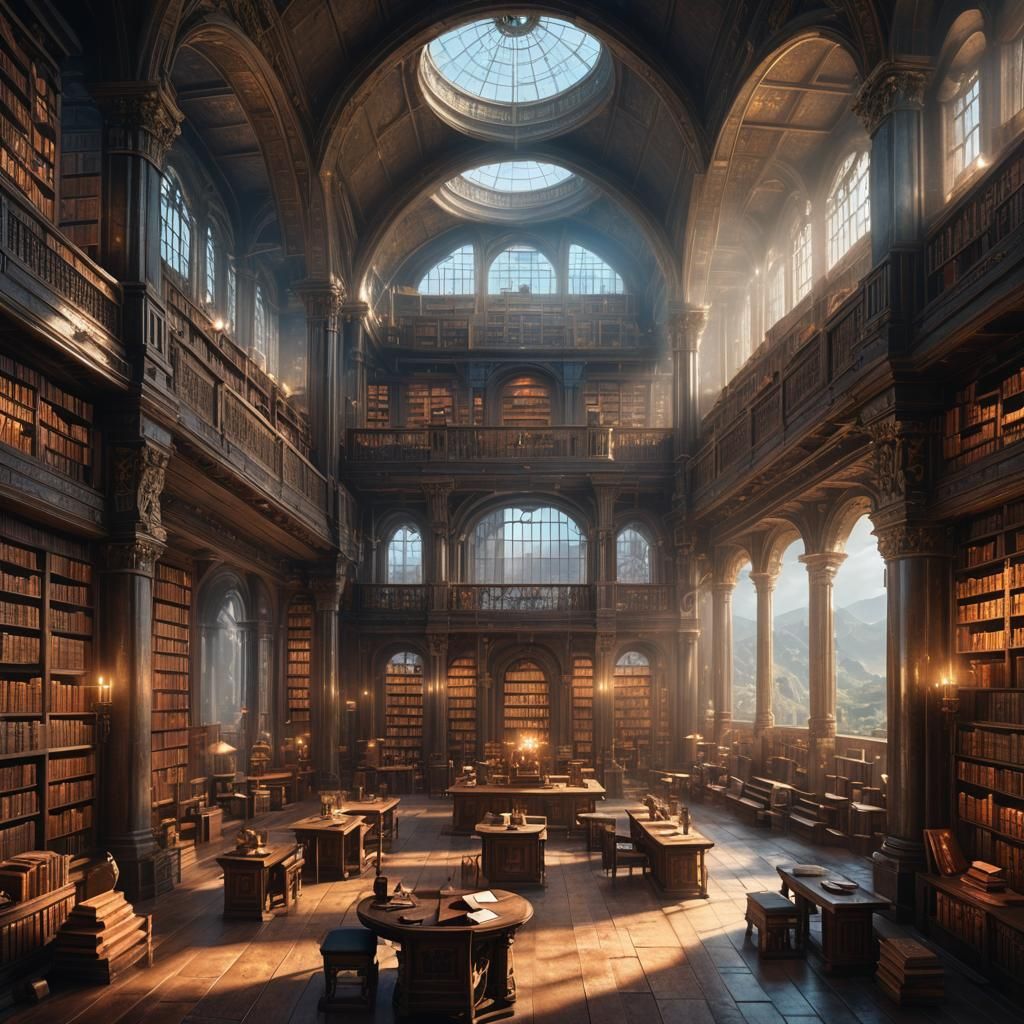 Epic Ancient Library Overlooking Ancient City