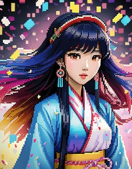 Korean Woman in Confetti, Pixel Art Manhwa Style