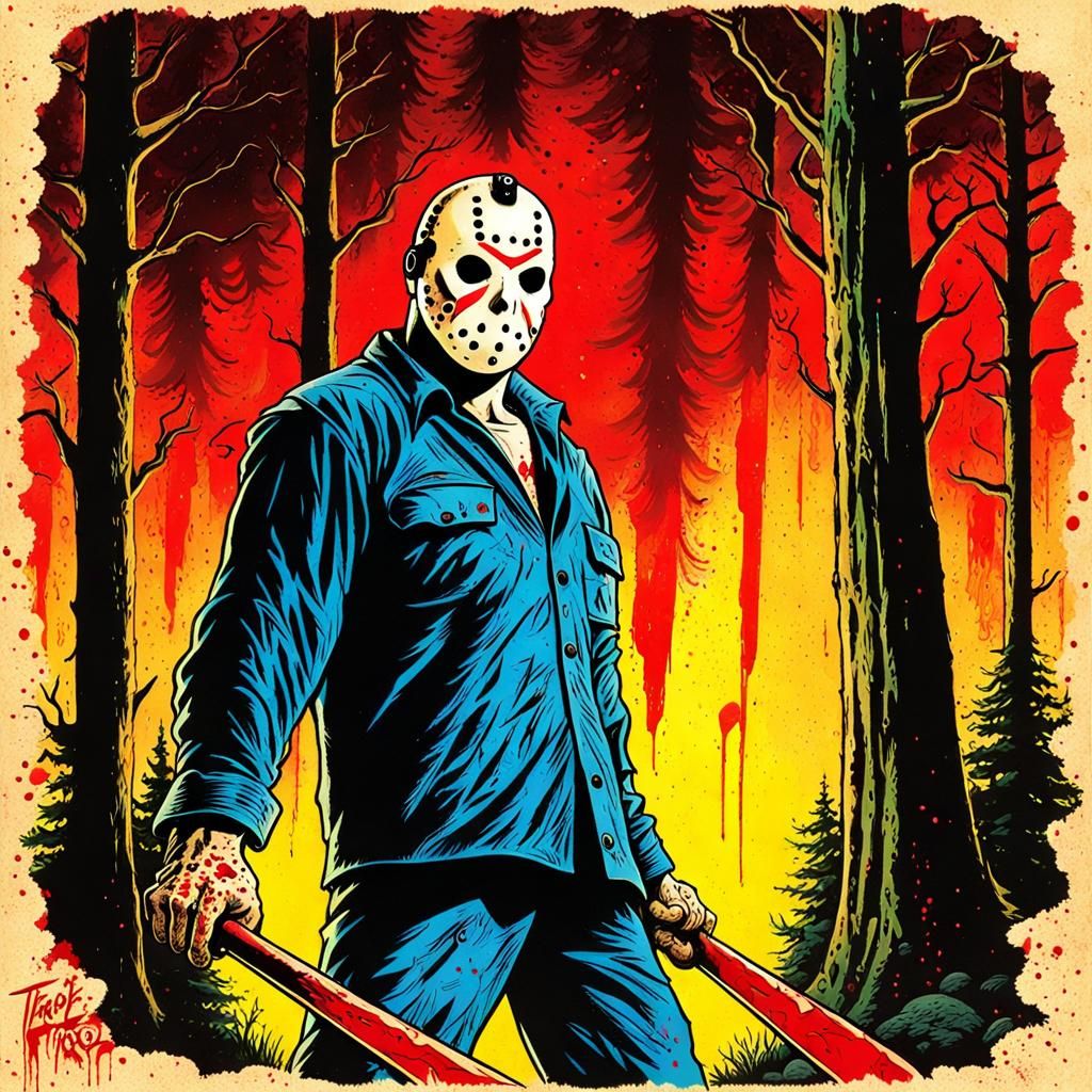 Terrifying Jason Voorhees Portrait in Triadic Colors