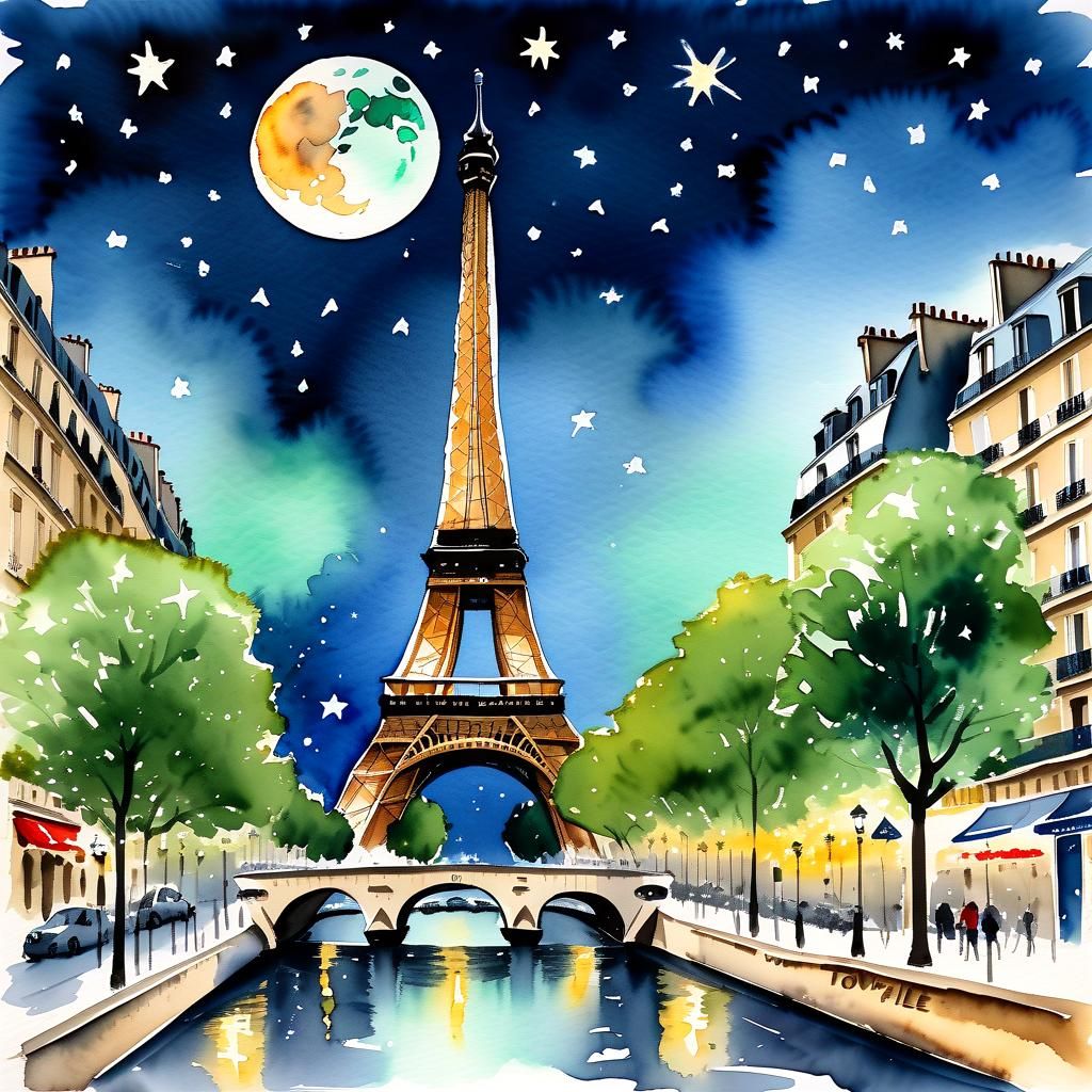Eiffel Tower Watercolor Painting Under Moonlight
