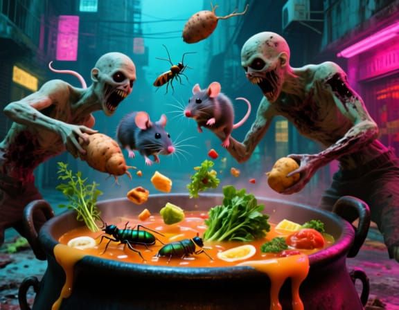 Degenerate Humanoids Brew Potions in Surreal Urban Cauldron