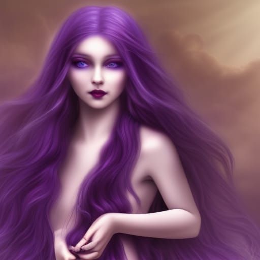 Ethereal gothic siren with long flowing purple hair with cobalt blue highlights& cobalt blue eyes& Black eyeshadow with ...