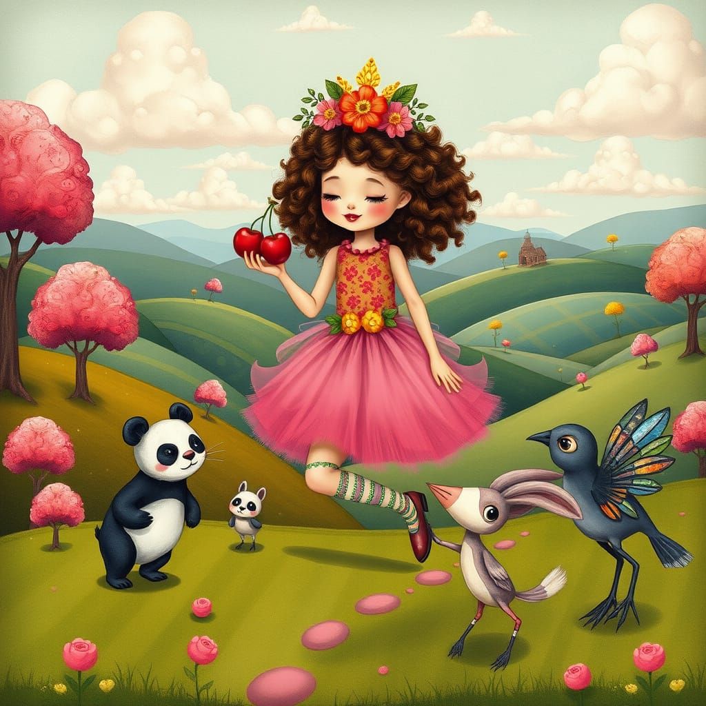 Princess in Whimsical Wonderland with Folk-Art Creatures