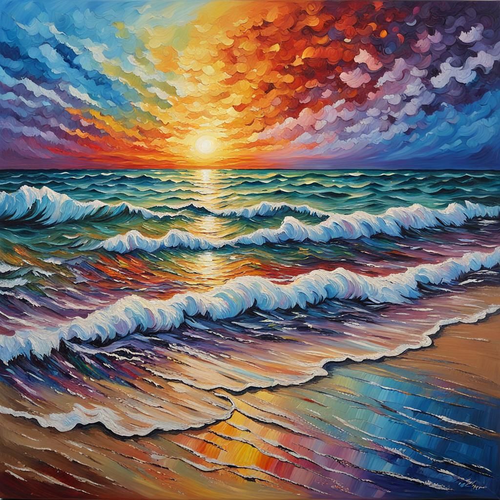 Rainbow Sunset Reflected in Ocean: Impasto Painting