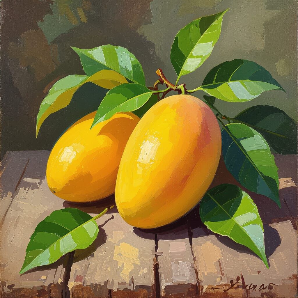 Vibrant Mango on Wooden Table, Impressionist Style