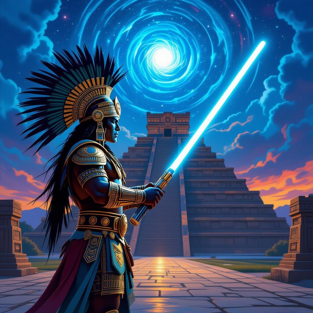 Aztec Warrior with Lightsaber Under Cosmic Twilight