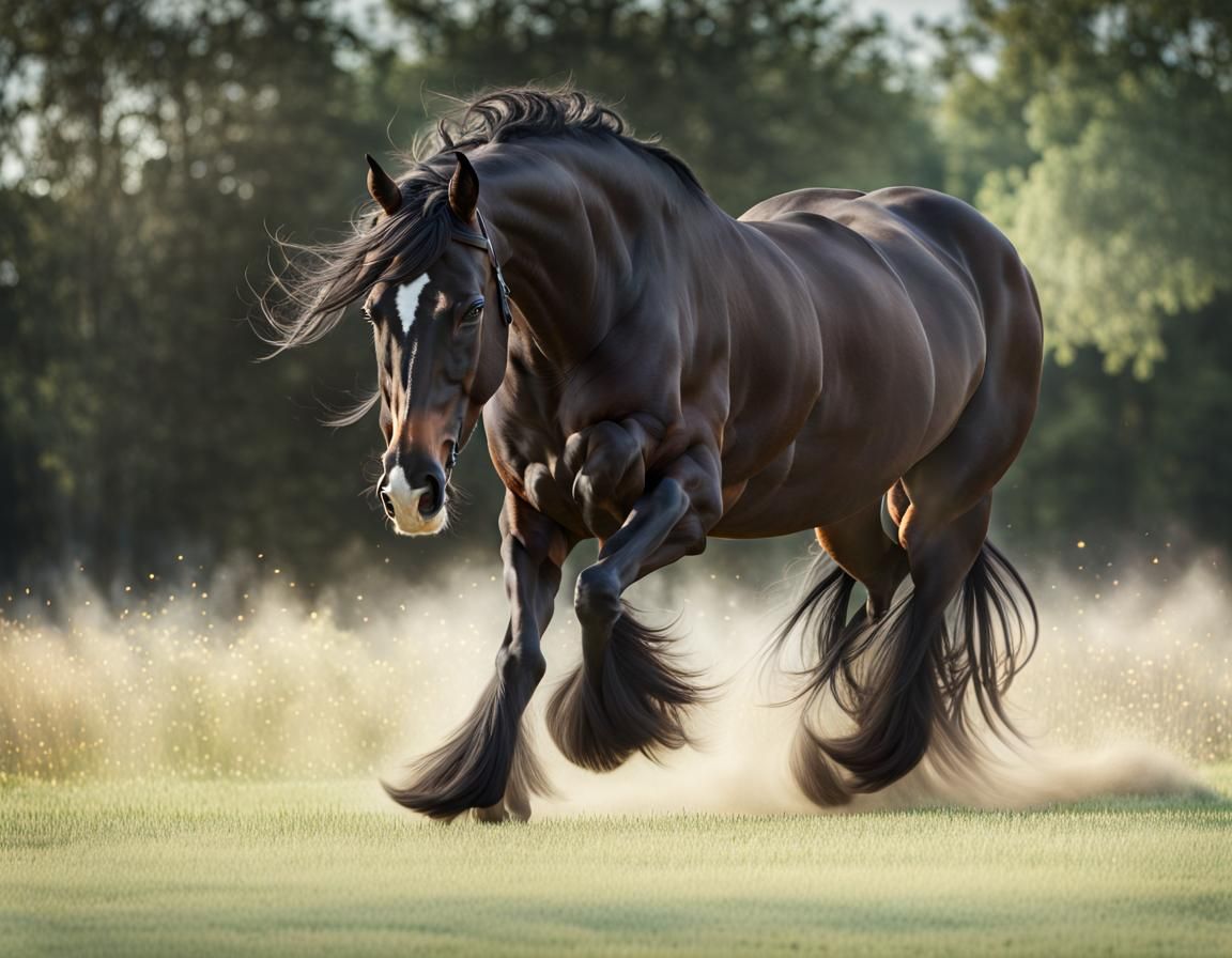 Black Clydesdale Horse Galloping in Natural Light